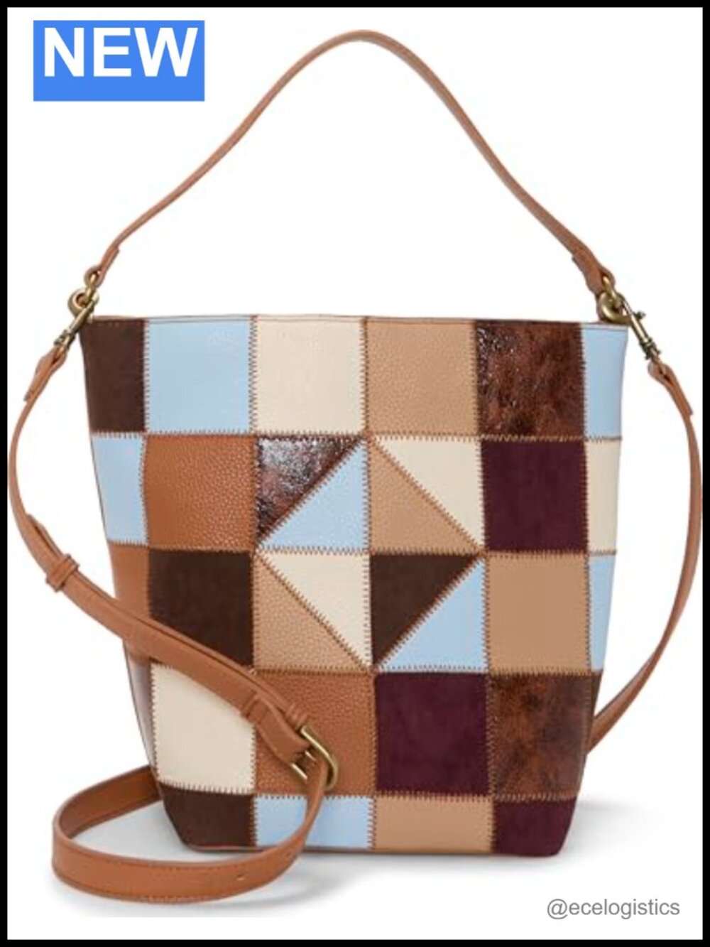 Faux Leather Patchwork Bucket Shoulder Bag with Magnetic Closure